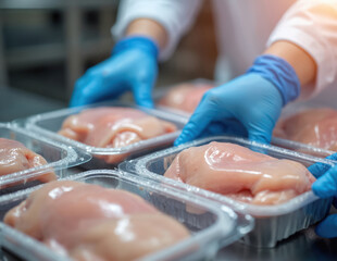 Workers in blue gloves package raw chicken breasts in plastic trays on a conveyor belt. Food processing plant production line operation involves careful handling of fresh meat products.