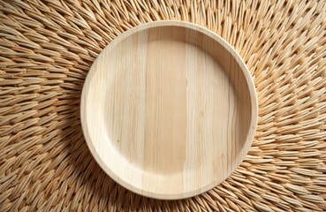 Empty wooden plate rests on woven bamboo mat. Natural material composition for eco conscious dining or serving. Simple rustic tableware aesthetic with earth tones and organic textures.