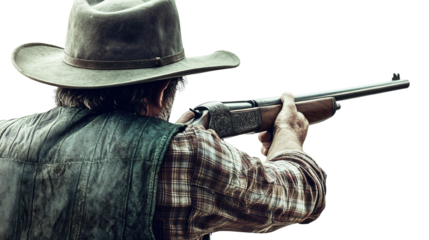 Focused hunter aiming rifle with determination, against a stark black background