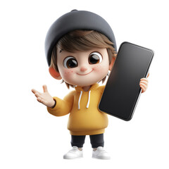 Cheerful 3d Boy Character Holding a Smartphone and Presenting