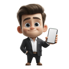 Smiling 3d Cartoon Business Man Holding Smartphone with Blank Screen