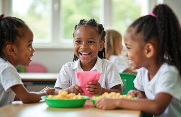 Three young girls in school uniforms share a meal together. They laugh and talk animatedly at a table during lunch break. Diverse children enjoy food, promoting friendship and community.