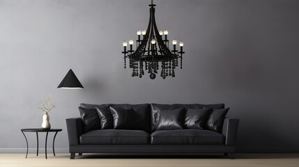 A Luxurious and Modern Living Room Featuring a Black Leather Sofa and Chandelier