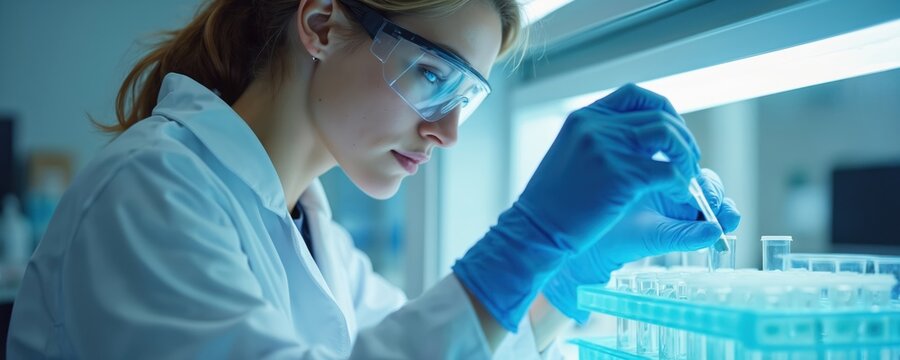 Scientist works with test tubes in lab. Researcher applies liquid with pipette. Woman in safety glasses conducts experiment with cell culture under microscope light. - Powered by Adobe