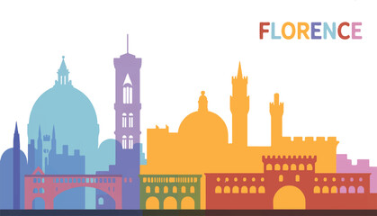 Obraz premium Vibrant cityscape illustration of Florence's iconic skyline in silhouette, showcasing famous landmarks in a colorful palette