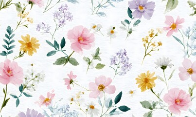 Obraz premium a delicate watercolor pattern of pastel-colored wildflowers, including roses and daisies, arranged in an elegant layout on white paper