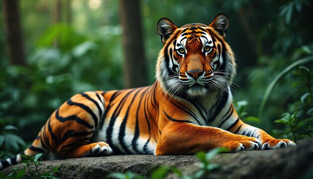 Malayan tiger reclines on mossy rock amidst dense green jungle foliage. Striking orange, black striped coat detailed. Wild predator rests peacefully in natural forest environment, exuding calm.