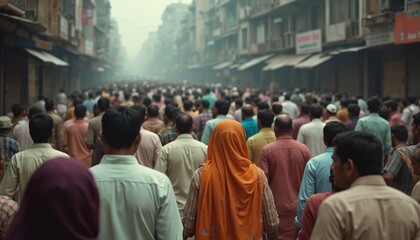 Obraz premium Indian city street scene shows many people walking. Dense urban area with shops and businesses. Busy marketplace with local pedestrians in daily commute.