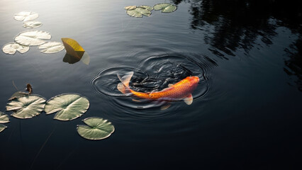 Koi fish swimming in zen pond with rippling water at dawn. Koi fish gracefully moves among lily pads, creating peaceful ambiance in serene pond. Ideal koi fish imagery for tranquil nature scenes.