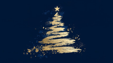 Golden Brush Stroke Christmas Tree with Star on Dark Blue