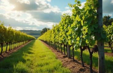 Naklejka premium Sunlit vineyard rows with rich green grapevines stretch across rolling English countryside under a cloudy sky. Healthy foliage on plants in farmland landscape. Rural agriculture scene