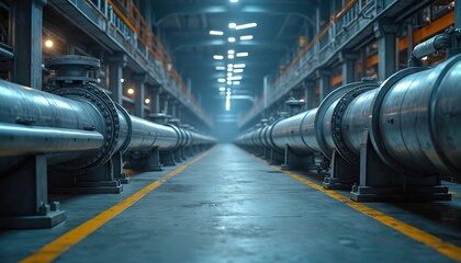Fototapeta premium Vast industrial facility interior with rows of large steel pipes, valves. Long corridor with overhead lights leads into dim distance. Yellow lines mark pathway on concrete floor. Scene conveys heavy