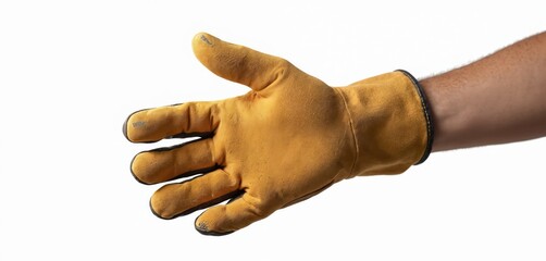 Close up of a hand wearing a yellow construction glove. This sturdy handwear offers protection and grip for various building and labor tasks. Essential gear for manual work.