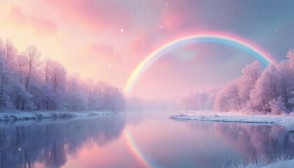 Obraz premium Pastel rainbow arches over a serene winter river at dusk. Snow covered trees line the bank, reflecting in calm water under a starry pink sky. Magical peaceful landscape view.
