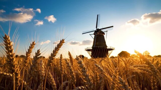 Traditional windmill in golden wheat field at sunset against blue sky rural landscape scenic view