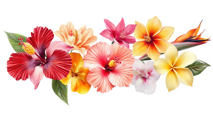 Obraz premium Exotic floral arrangement on black background with hibiscus and plumeria blooms