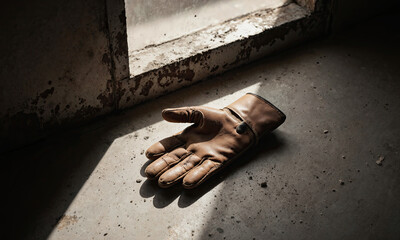 Forgotten Work Glove. A single, stiff leather work glove lies on the dusty floor, palm up, in a spot
