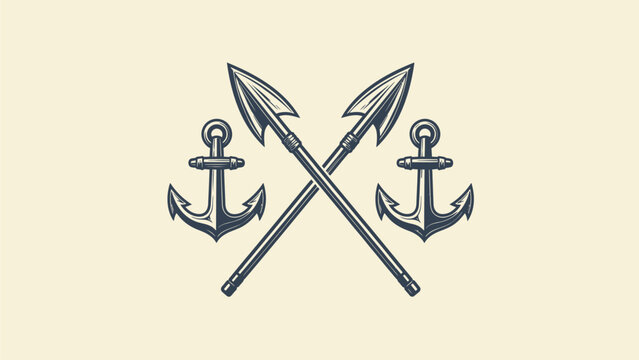 Vintage nautical emblem with crossed spears and two anchors on a light background.
