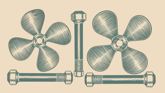 Engraved illustration featuring two four-bladed boat propellers and three industrial bolts.