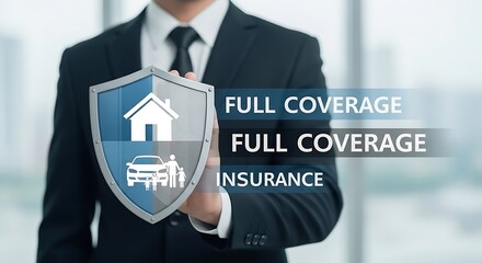 Professional representative displays comprehensive protection shield concept for property and automobile assets