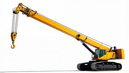 Yellow crawler crane with extended boom and hook sits ready for work. This heavy construction machine features tracks for mobility on job sites. Its powerful arm is poised to lift.