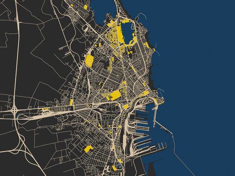 Flat city map of Constanta, Romania &mdash; graphite black base with warm cream road network, signal-yellow open areas and inky blue waterways