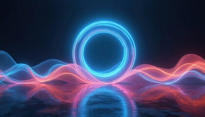 Neon blue circle floats above wavy pink and blue lines on a dark reflective surface. Digital abstract background with futuristic glowing shapes and light patterns, great for tech or gaming themes.