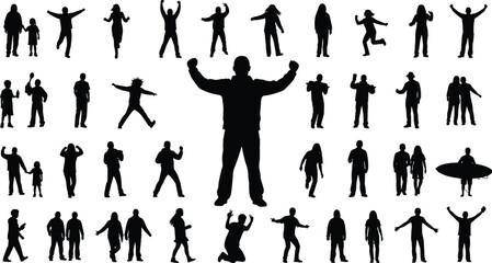 Human silhouette collection, diverse poses, celebratory gesture, walking, dancing, jumping, social interaction, black vector, white background, lifestyle illustration, movement concept
