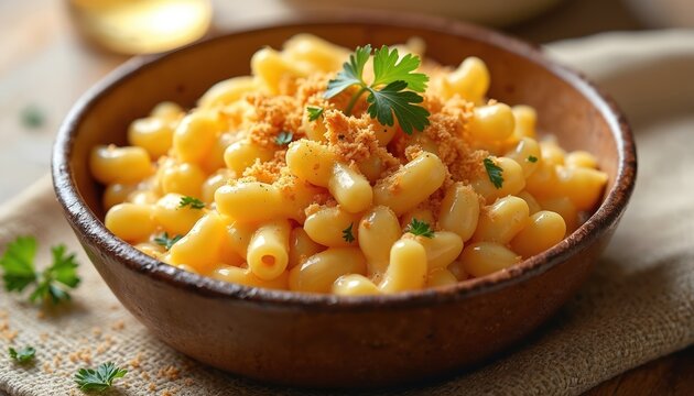 Creamy cheddar mac and cheese in bowl, topped with breadcrumbs and parsley. Warm light makes dish comforting. Perfect for food blogs, recipe sites, or culinary magazines.