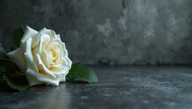Single white rose lies on dark concrete surface. A single bloom conveys deep sadness and remembrance. Soft grey textured background offers space for text.