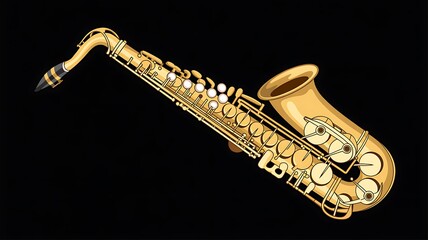A vibrant, golden brass saxophone illustration, perfectly rendered with gleaming metallic details, ideal for music, jazz, blues, and classical themes