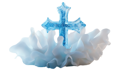 Elegant icy blue cross resting on soft white fabric against a black backdrop