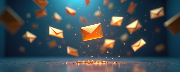 Golden envelopes fly in abstract space. Digital mail, communication, and business concept with floating letters in blue background. Data transfer and cyber connection theme. Message delivery system.