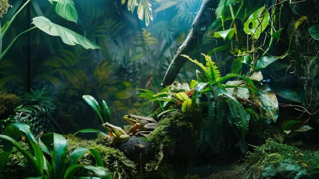 A lush jungle scene teeming with life, featuring a variety of green plants and patches of white mould.