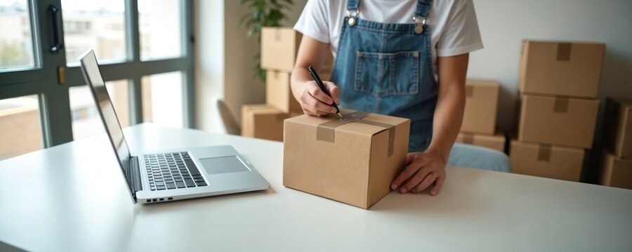 Person works with laptop near cardboard box. Seller writes on package preparing order for shipping. Stacks of boxes in background ready for dispatch. Small business startup owner fulfills customer
