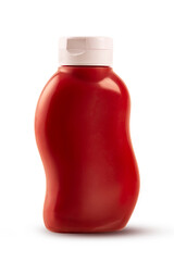 Red plastic ketcup bottle isolated on white background.