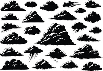 Set of dark storm clouds vector illustration, dramatic sky elements with thunder and rain, black cumulus silhouettes, weather art design collection