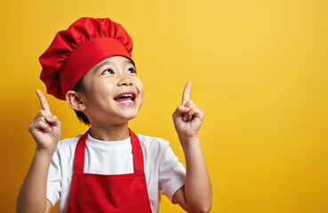 Smiling Asian boy in chef hat and apron points upwards. He shows perfection sign on yellow background. Child has happy expression, looks up.