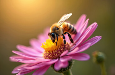 Honey bee rests on pink aster flower collecting nectar and pollen. Close up macro view of insect on flora with golden light background. Nature wildlife scene.