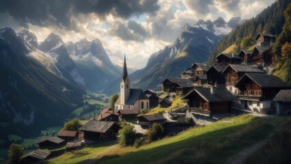 Alpine village nestled in mountain valley