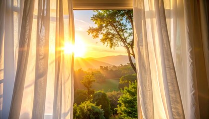 Obraz premium Sunrise through window curtains