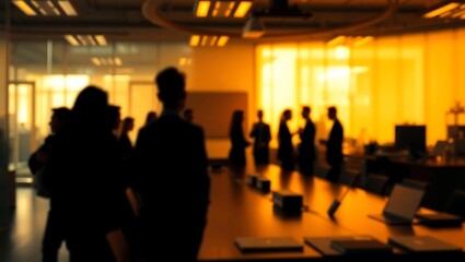 Generative AI depiction of modern lively business environment with silhouettes of professionals