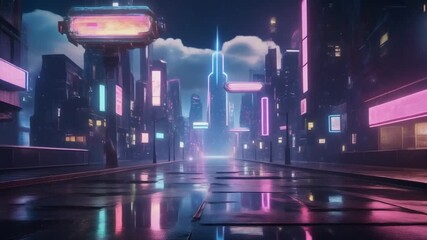 Futuristic night city skyline glows with vibrant neon lights reflecting smoothly through endless atmospheric motion - Powered by Adobe