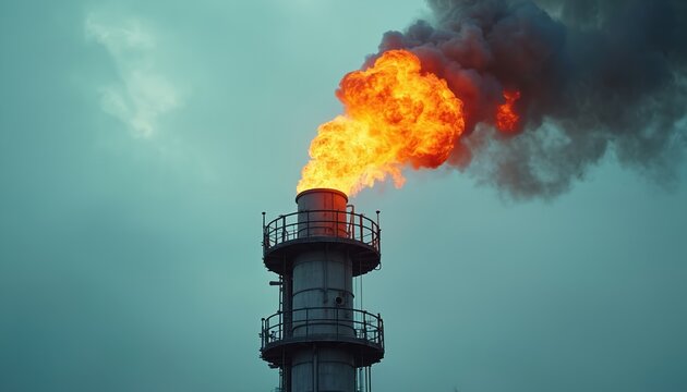 Industrial flare burns gas from refinery stack, sending orange flames and dark smoke into the teal sky. Petrochemical plant operation. Energy production risk.