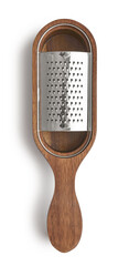 Stainless steel cheese grater with wooden storage