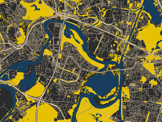 Obraz premium Flat city map of Strogino, Russian Federation — dark noir-style city field with soft cream lines and strong yellow points of interest against deep blue water