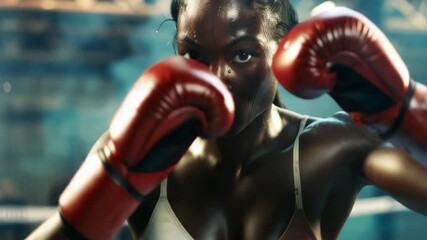 A determined female boxer wearing red gloves and a white tank top looks at the camera with an intense gaze. She is ready to face her opponent in a boxing ring. - Powered by Adobe