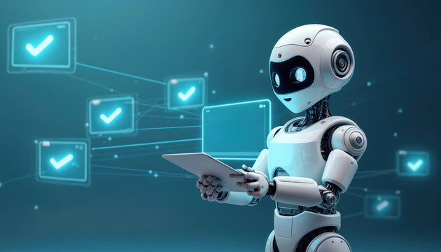 Robot holds tablet showing network of glowing checkmarks. AI system confirms task completion, data processing, and digital progress in future tech. - Powered by Adobe