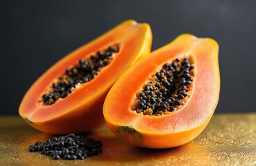 Orange papaya fruit sliced open revealing seeds on gold surface. Juicy tropical fruit halves presented closeup with dark background. Fresh healthy food for diet.