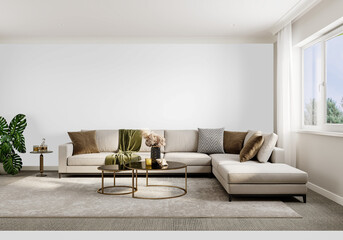 Contemporary Living Room with Large L-Shaped Sofa, Elegant Coffee Tables and Decor – Wall Cutout PNG – Front View Interior Mockup